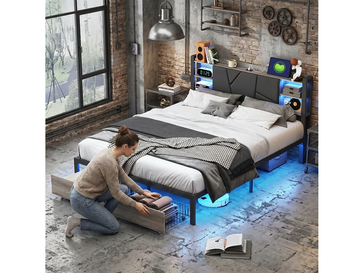 Lit double 140 x 190 cm avec 2 tiroirs de rangement – Éclairage LED et ports USB intégrés – Revêtement en PU noir et finition bois – POCKETPOP