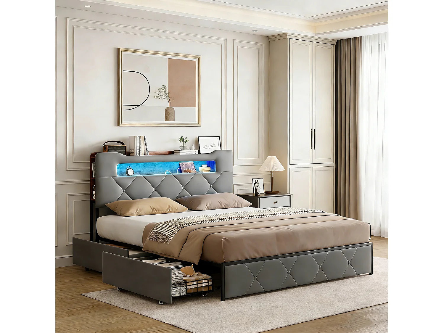 POCKETPOP Lit 160x200 cm avec LED et charge USB Type C, lit adulte 160x200 cm avec 4 tiroirs, tissu en velours, gris