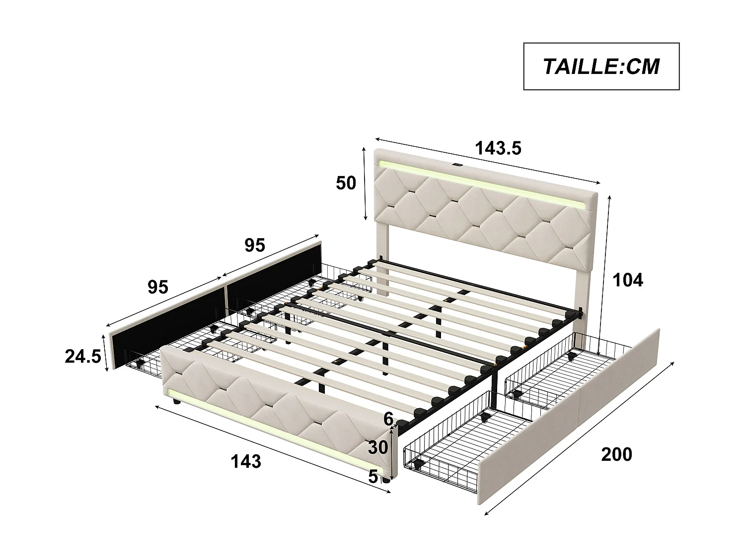 Lit 140x190 - NEXU - 4 tiroirs - RGB LED - Tête de lit - lit double - USB - Velours - blanc cassé
