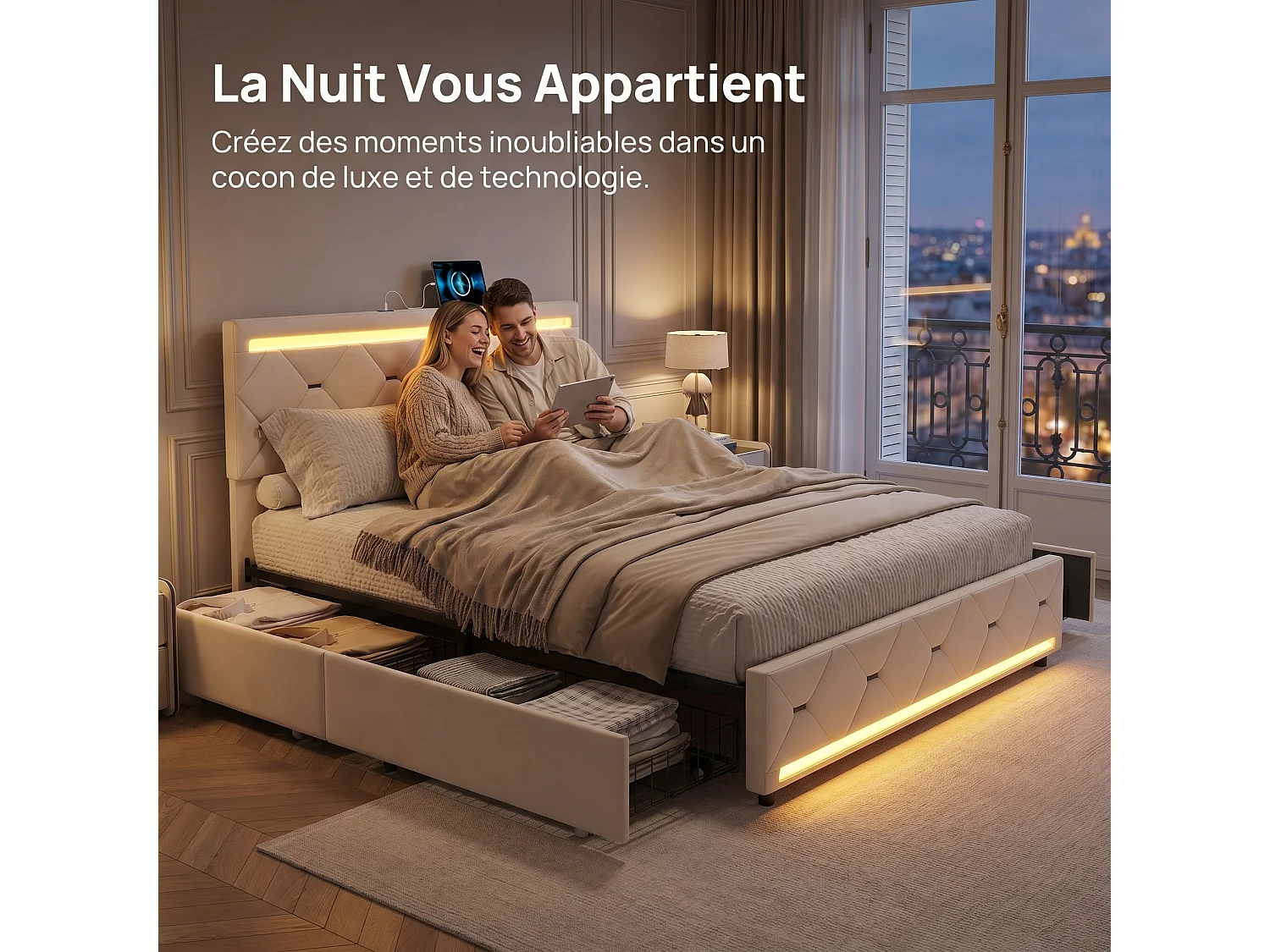 Tweepersoonsbed 140x190 cm NEXU in gebroken wit fluweel – Gestoffeerd bed met lades, LED-hoofdbord en USB-poort