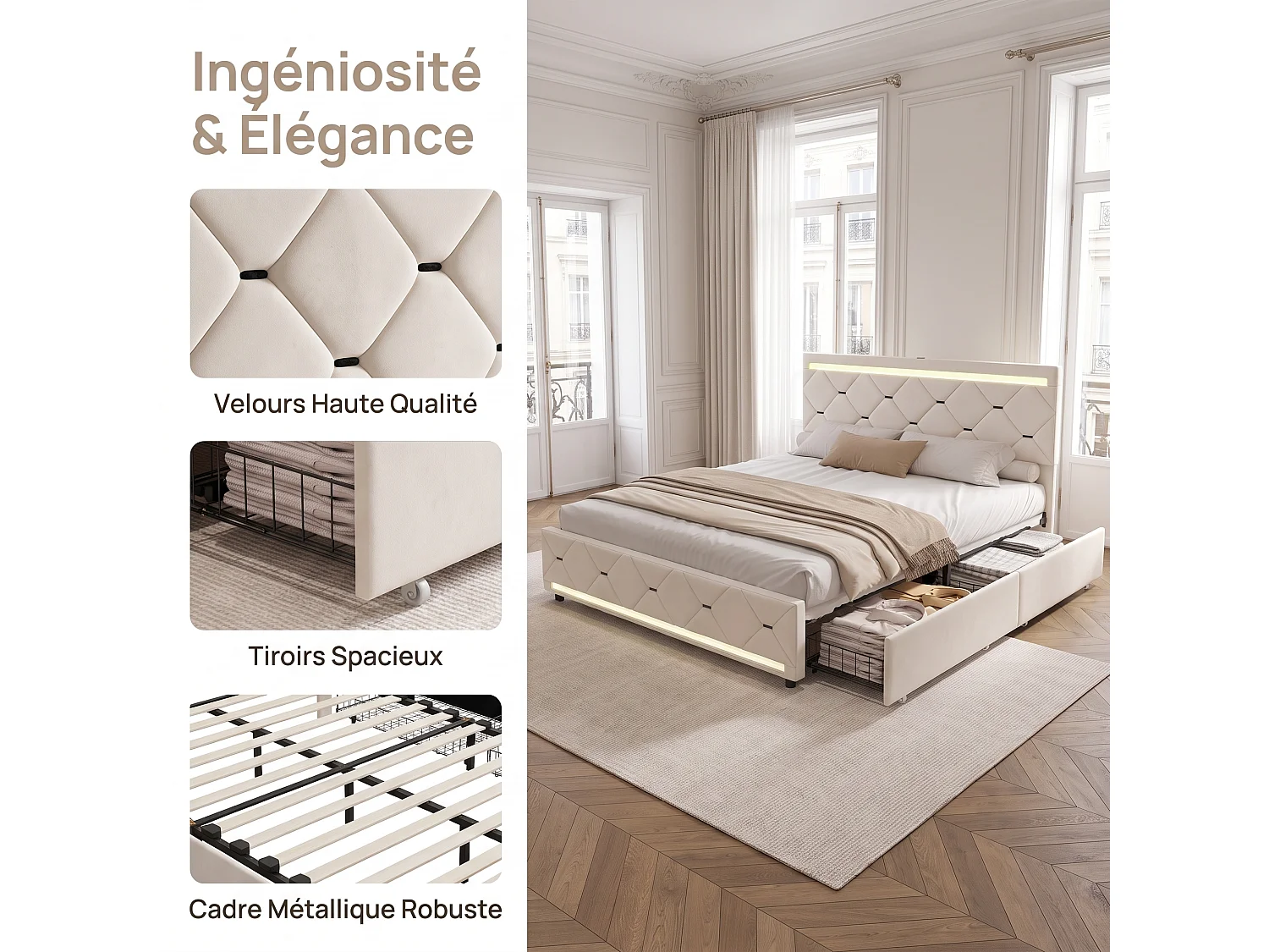 Tweepersoonsbed 140x190 cm NEXU in gebroken wit fluweel – Gestoffeerd bed met lades, LED-hoofdbord en USB-poort