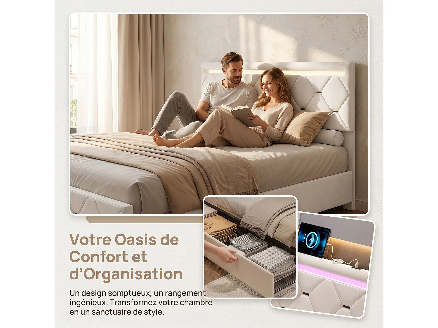 Tweepersoonsbed 140x190 cm NEXU in gebroken wit fluweel – Gestoffeerd bed met lades, LED-hoofdbord en USB-poort