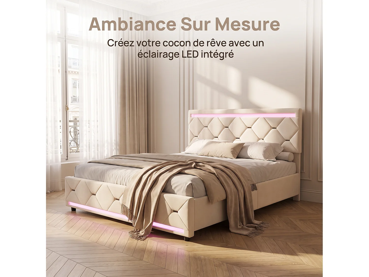 Tweepersoonsbed 140x190 cm NEXU in gebroken wit fluweel – Gestoffeerd bed met lades, LED-hoofdbord en USB-poort