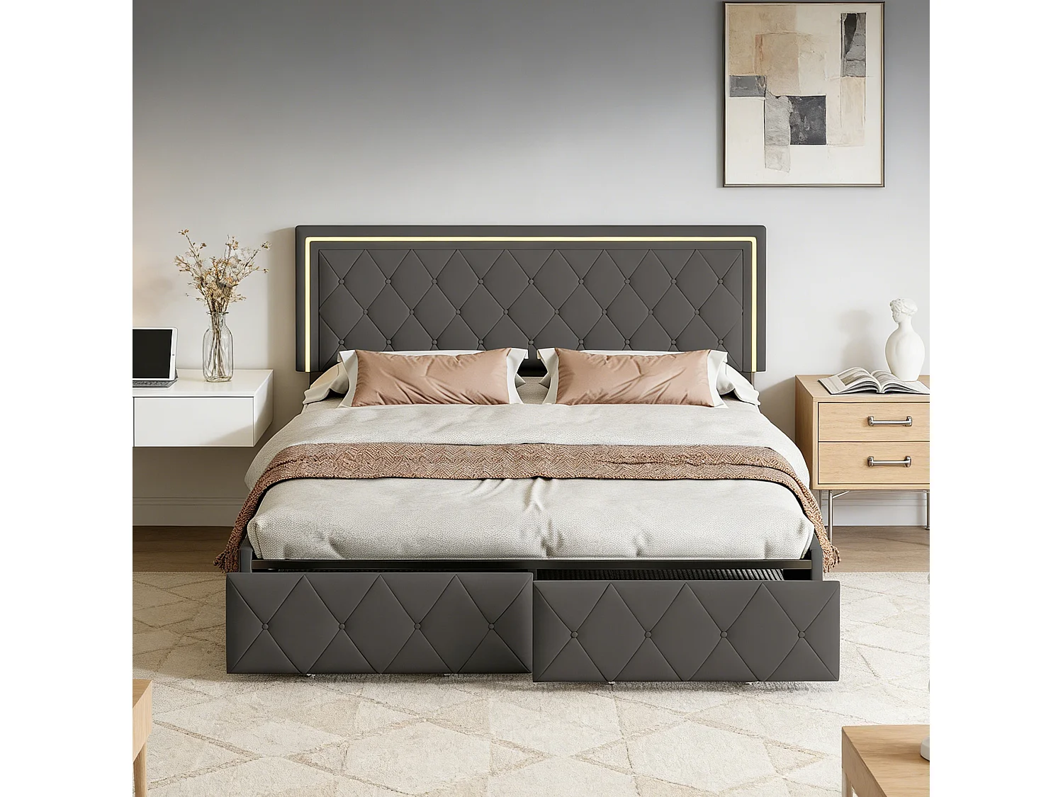 Lit double 140x190 cm - POCKETPOP - Tête de lit réglable en hauteur - Éclairage LED - 4 tiroirs de rangement