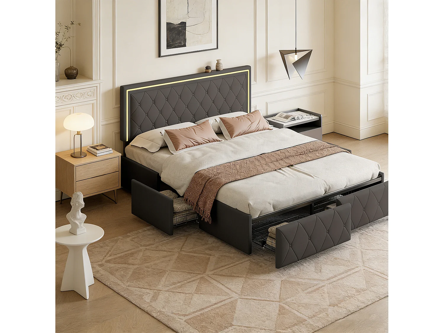 Lit double 140x190 cm - POCKETPOP - Tête de lit réglable en hauteur - Éclairage LED - 4 tiroirs de rangement