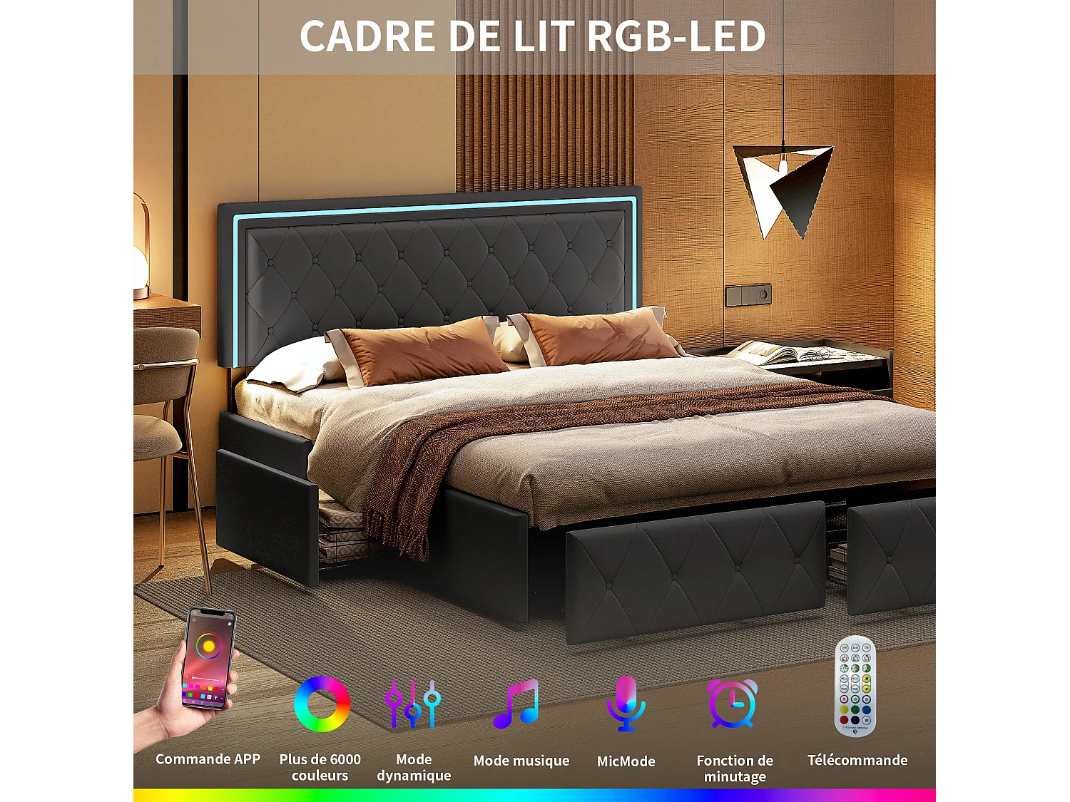 Lit double 140x190 cm - POCKETPOP - Tête de lit réglable en hauteur - Éclairage LED - 4 tiroirs de rangement