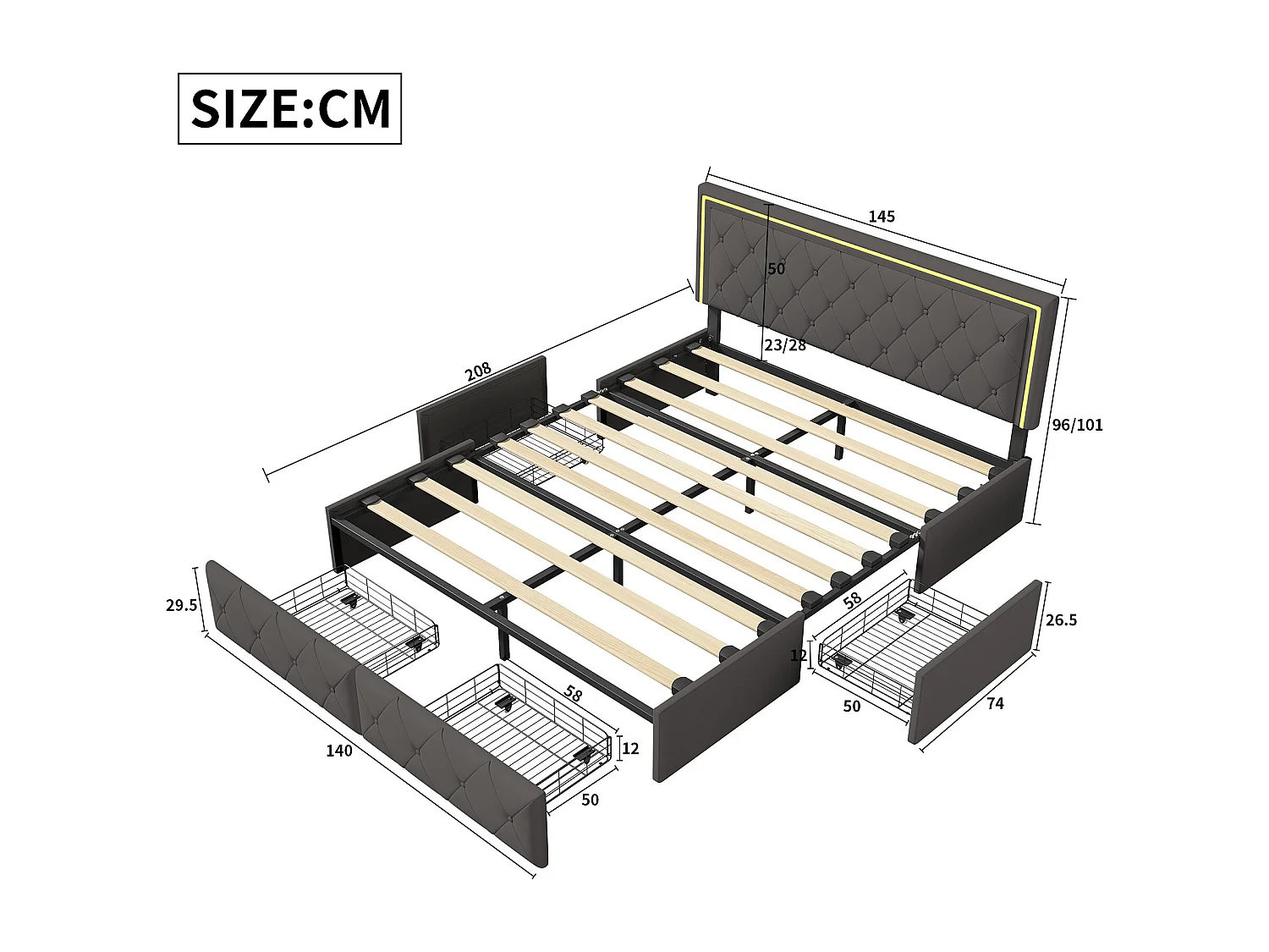 Lit double 140x190 cm - POCKETPOP - Tête de lit réglable en hauteur - Éclairage LED - 4 tiroirs de rangement