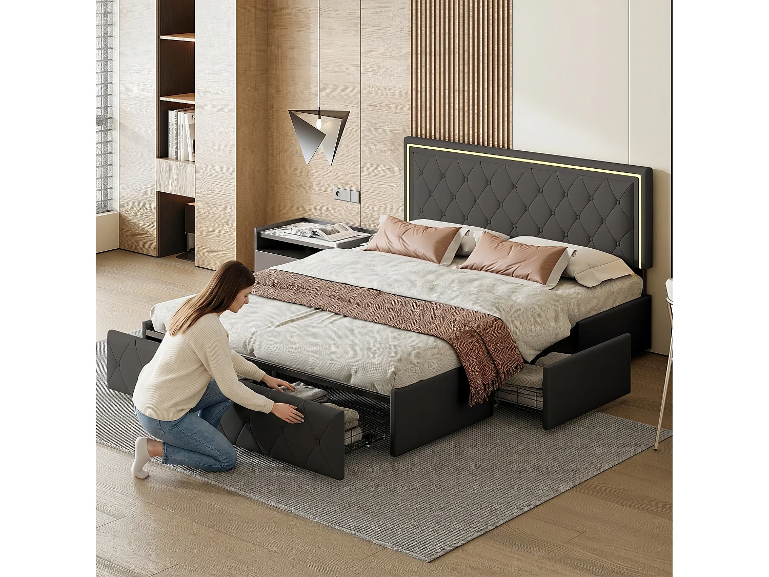 POCKETPOP Lit double 140x190 cm avec tête de lit réglable en hauteur, LED et 4 tiroirs de rangement