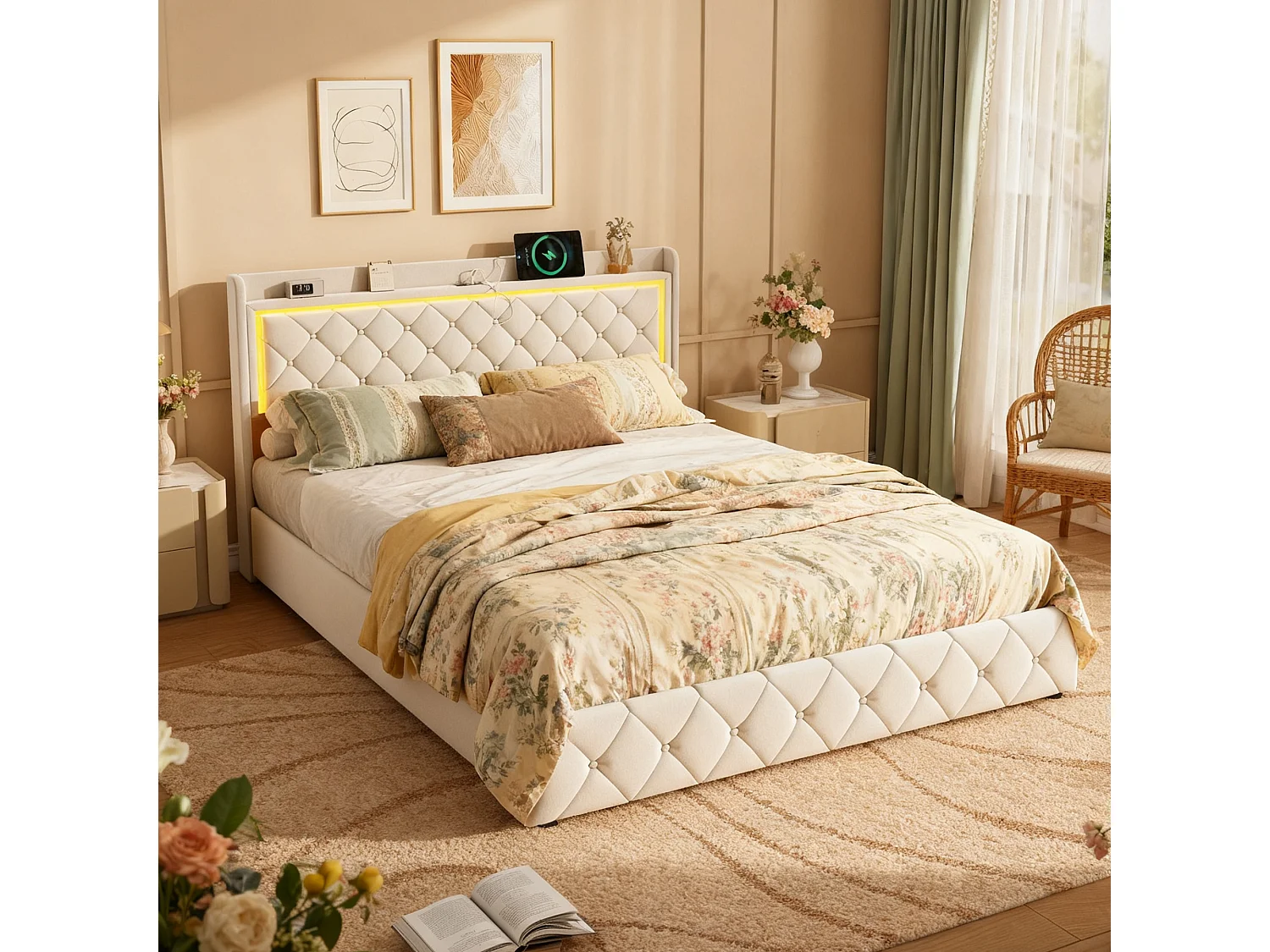 Structure de lit,NEXU,140x190 cm,avec 4 tiroirs,tissu en velours,cadre de lit 140x190 cm,Beige