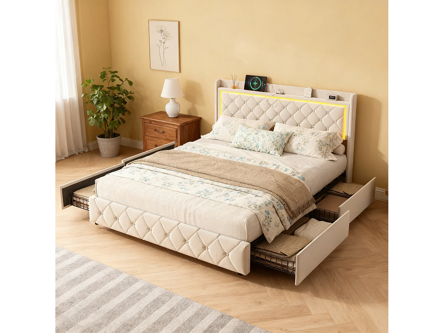 Structure de lit,NEXU,140x190 cm,avec 4 tiroirs,tissu en velours,cadre de lit 140x190 cm,Beige