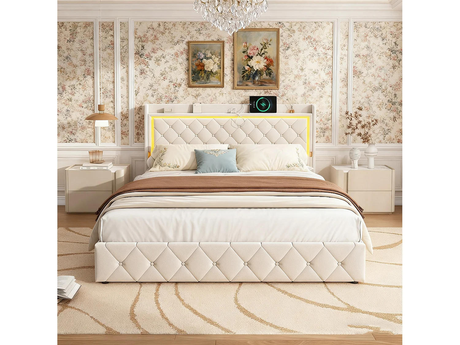 Structure de lit,NEXU,140x190 cm,avec 4 tiroirs,tissu en velours,cadre de lit 140x190 cm,Beige