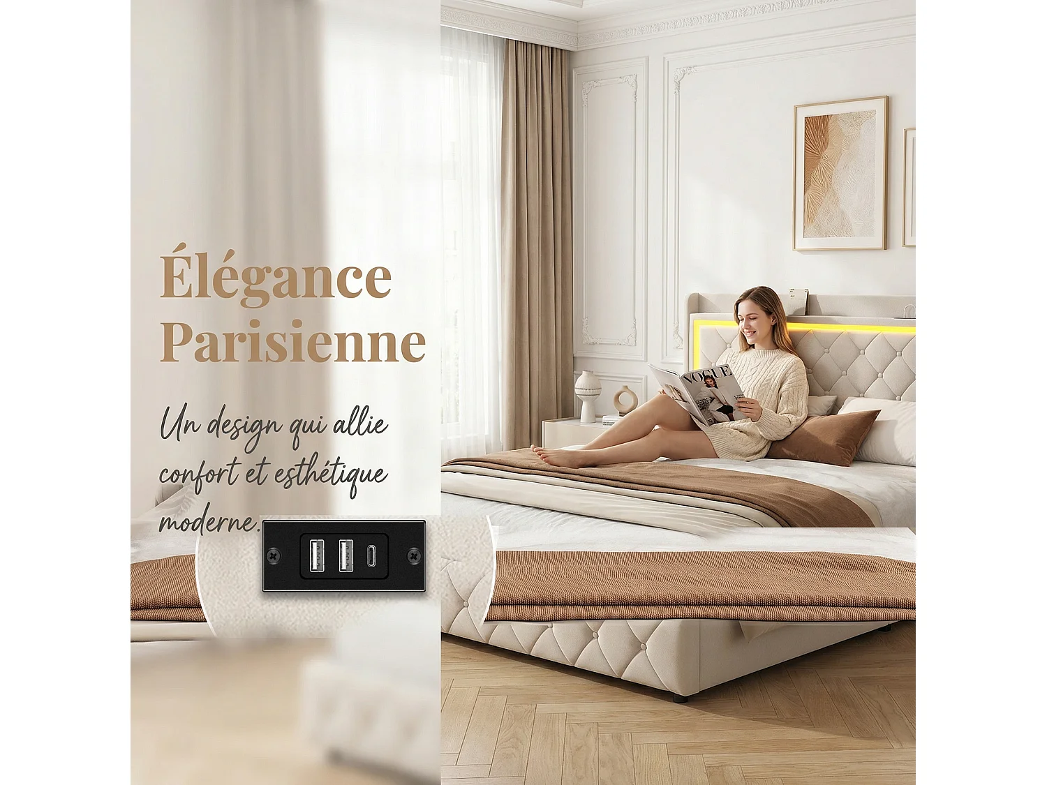 Bedframe, NEXU, 140x190 cm, met 4 lades, fluwelen stof, bedframe van 140x190 cm, beige