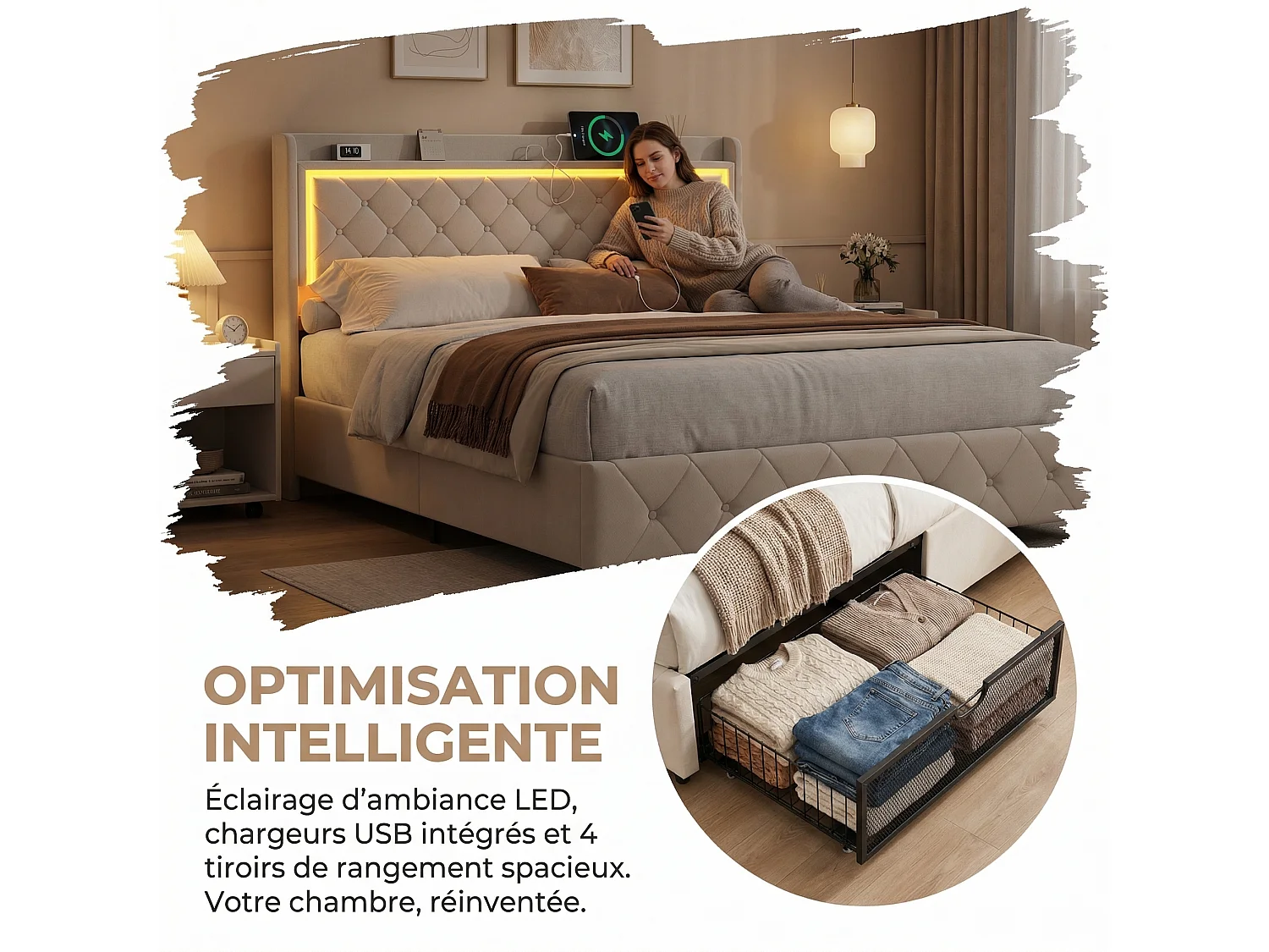Bedframe, NEXU, 140x190 cm, met 4 lades, fluwelen stof, bedframe van 140x190 cm, beige