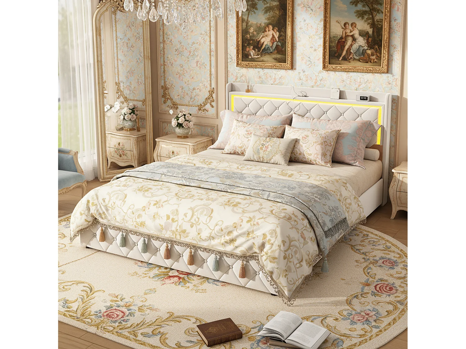 Lit adulte,lit double,lit 160x200 avec sommier,lit capitonné,avec 4 Tiroirs,USB et LED, velours,beige