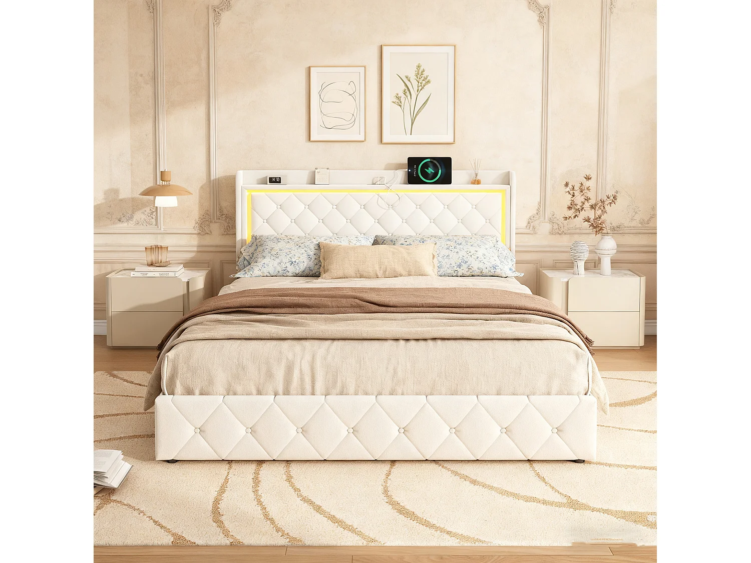 Lit adulte,lit double,lit 160x200 avec sommier,lit capitonné,avec 4 Tiroirs,USB et LED, velours,beige