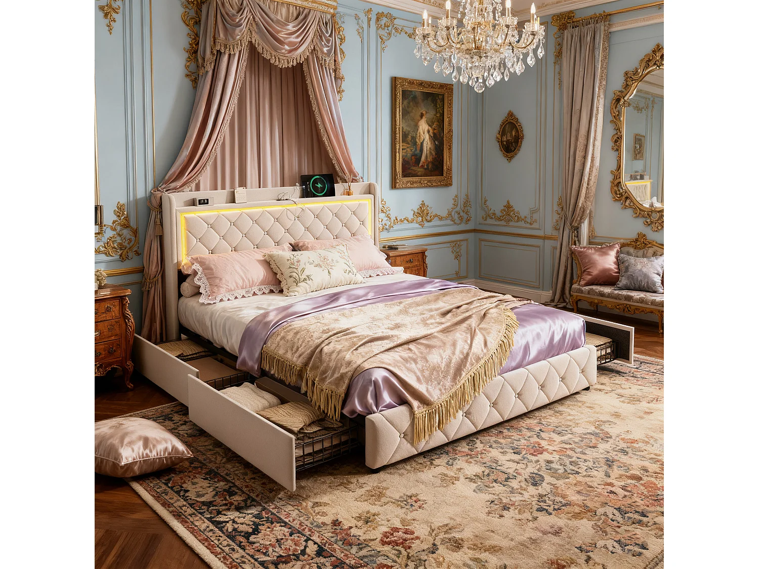 Lit adulte,lit double,lit 160x200 avec sommier,lit capitonné,avec 4 Tiroirs,USB et LED, velours,beige