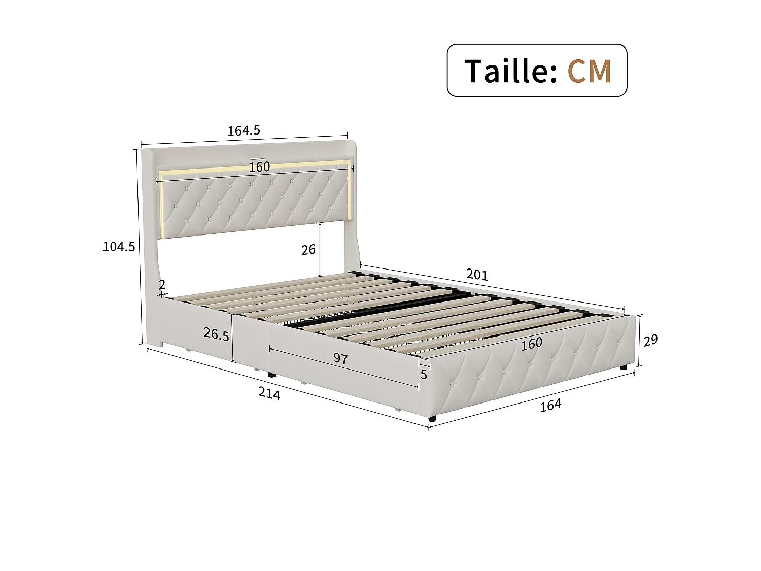 Lit adulte,lit double,lit 160x200 avec sommier,lit capitonné,avec 4 Tiroirs,USB et LED, velours,beige