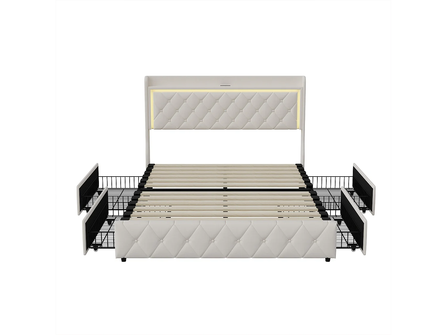 Lit 140x200 avec Sommier USB et LED, Double avec 4 tiroirs, tête de Lit avec rangement, velours, pour Adultes et Adolescents,beige