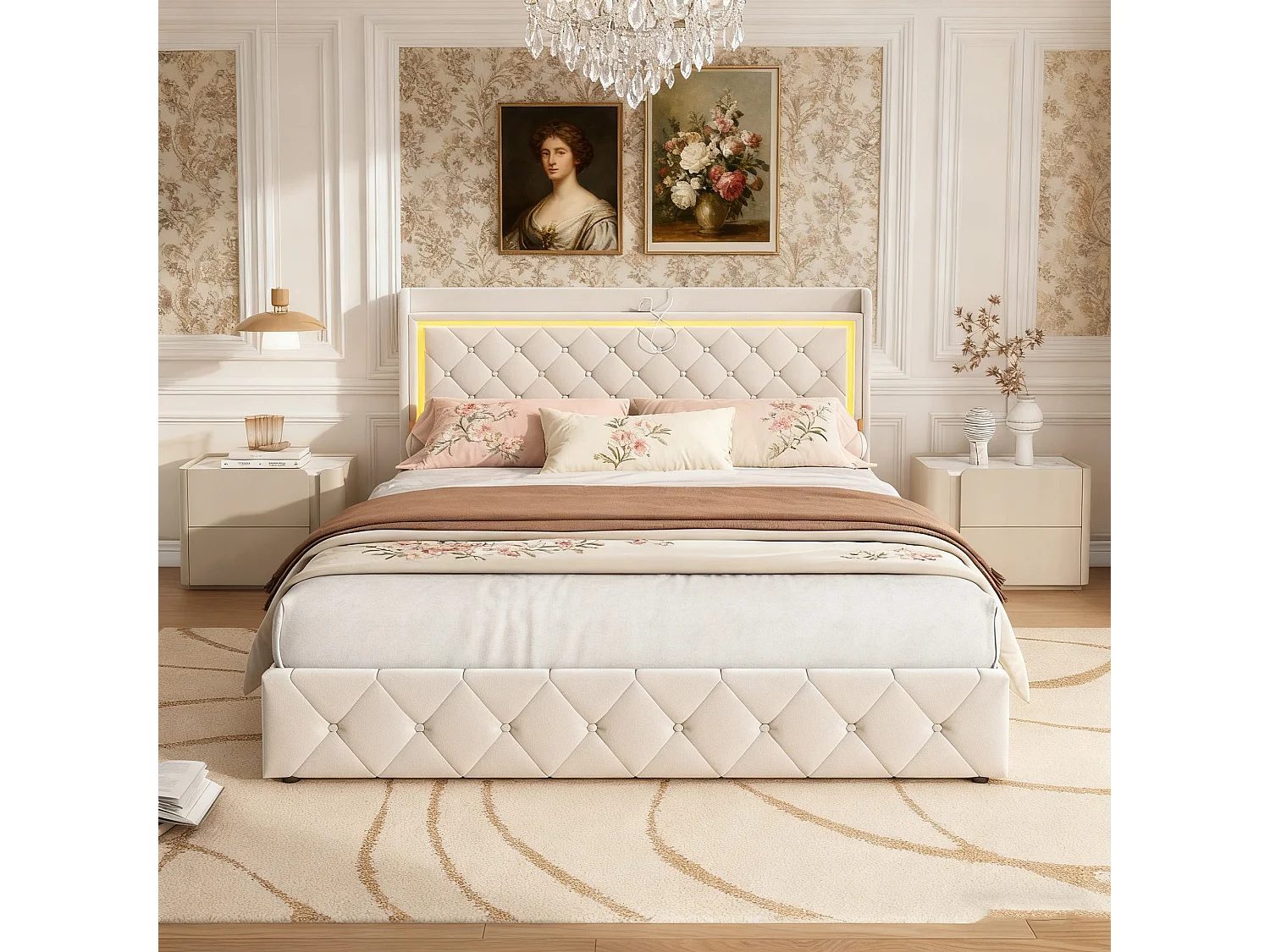 Lit 140x200 avec Sommier USB et LED, Double avec 4 tiroirs, tête de Lit avec rangement, velours, pour Adultes et Adolescents,beige