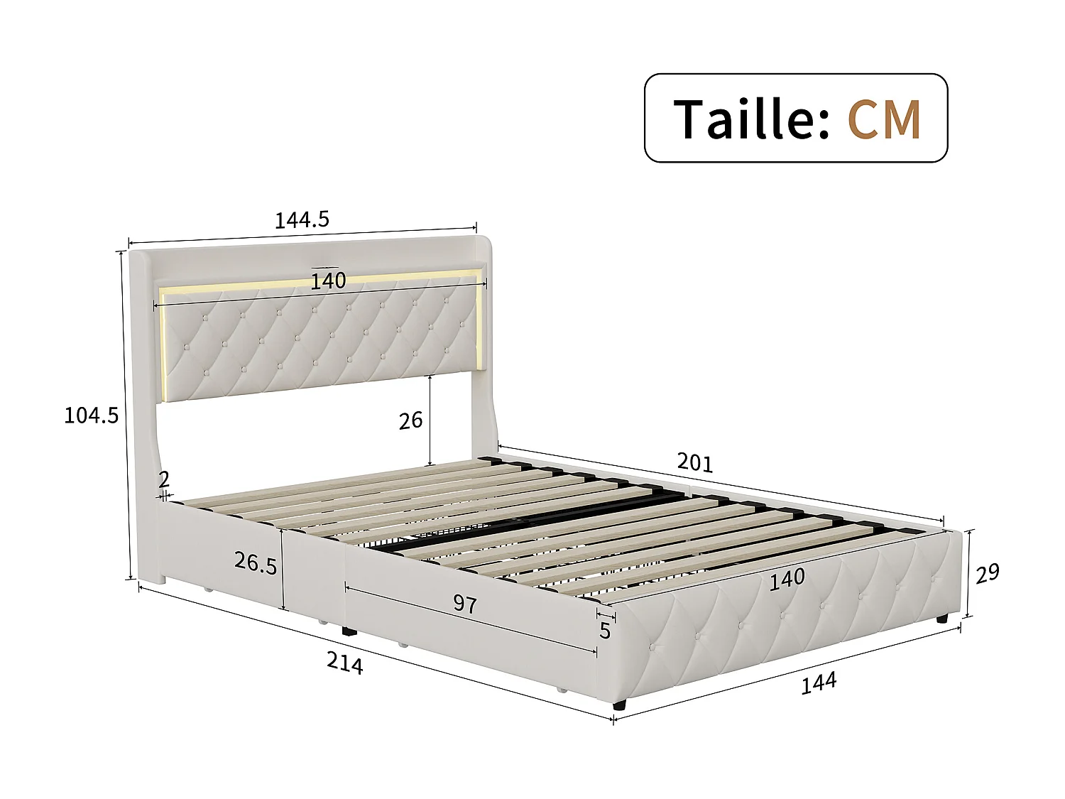 Lit 140x200 avec Sommier USB et LED, Double avec 4 tiroirs, tête de Lit avec rangement, velours, pour Adultes et Adolescents,beige