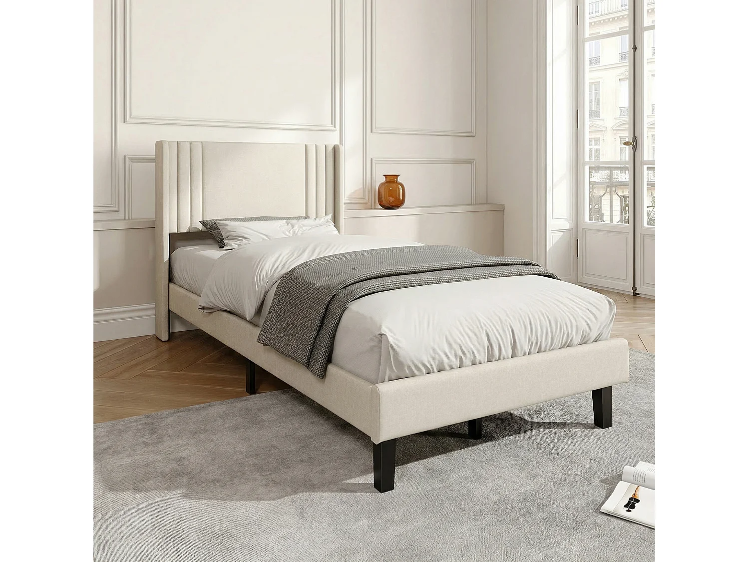 Cadre de Lit Simple 90x200 cm-avec Sommier à Lattes, Tissu en lin doux pour chambre/studio-Beige