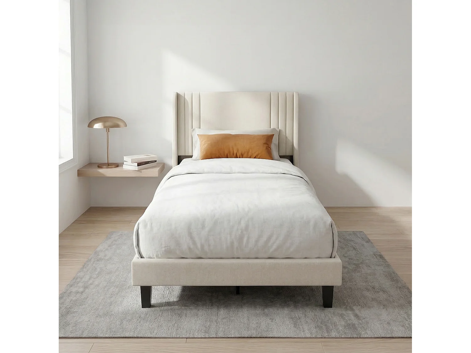 Cadre de Lit Simple 90x200 cm-avec Sommier à Lattes, Tissu en lin doux pour chambre/studio-Beige