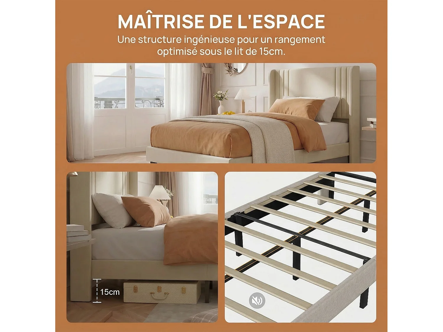 Cadre de Lit Simple 90x200 cm-avec Sommier à Lattes, Tissu en lin doux pour chambre/studio-Beige