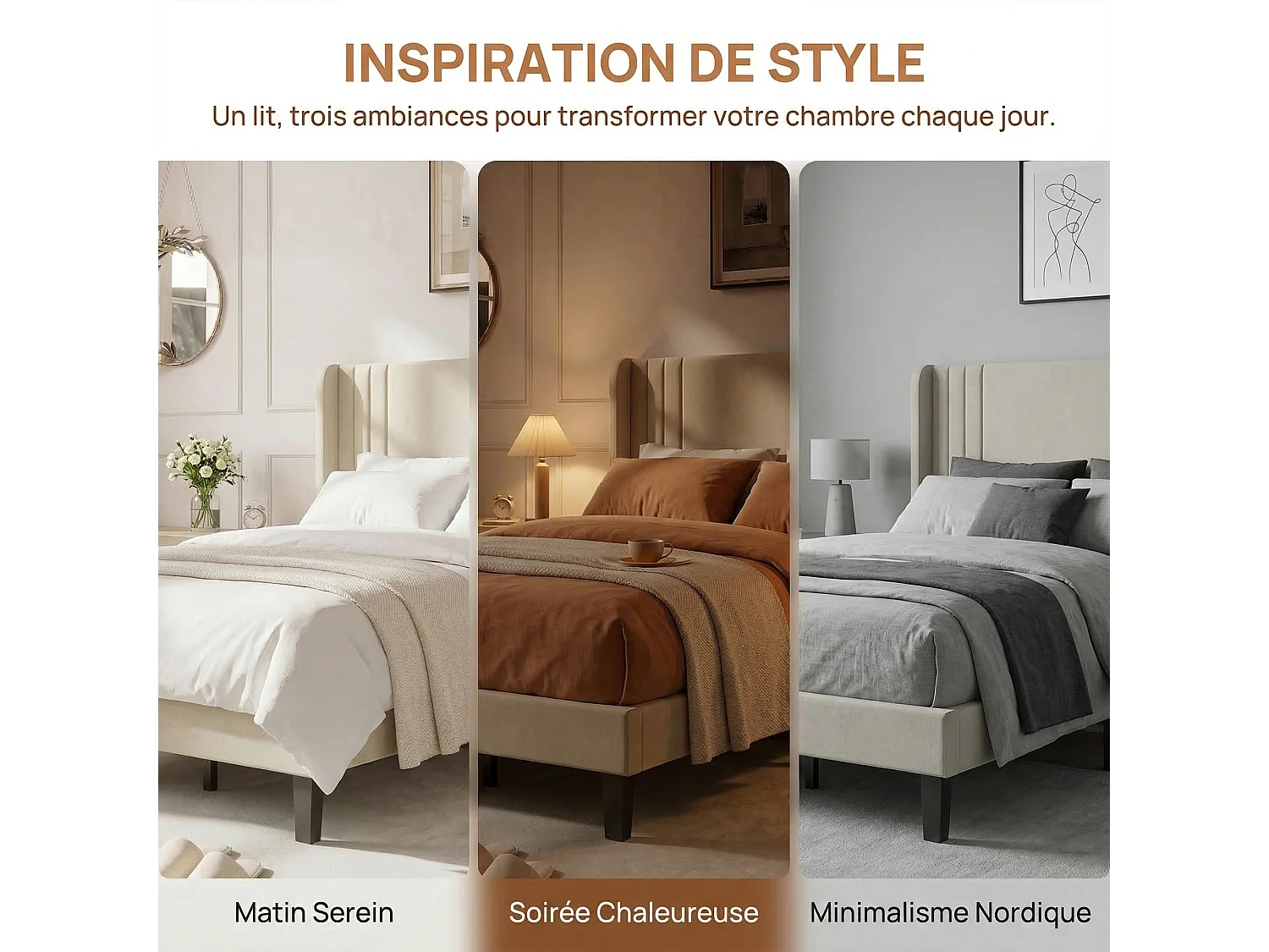 Cadre de Lit Simple 90x200 cm-avec Sommier à Lattes, Tissu en lin doux pour chambre/studio-Beige