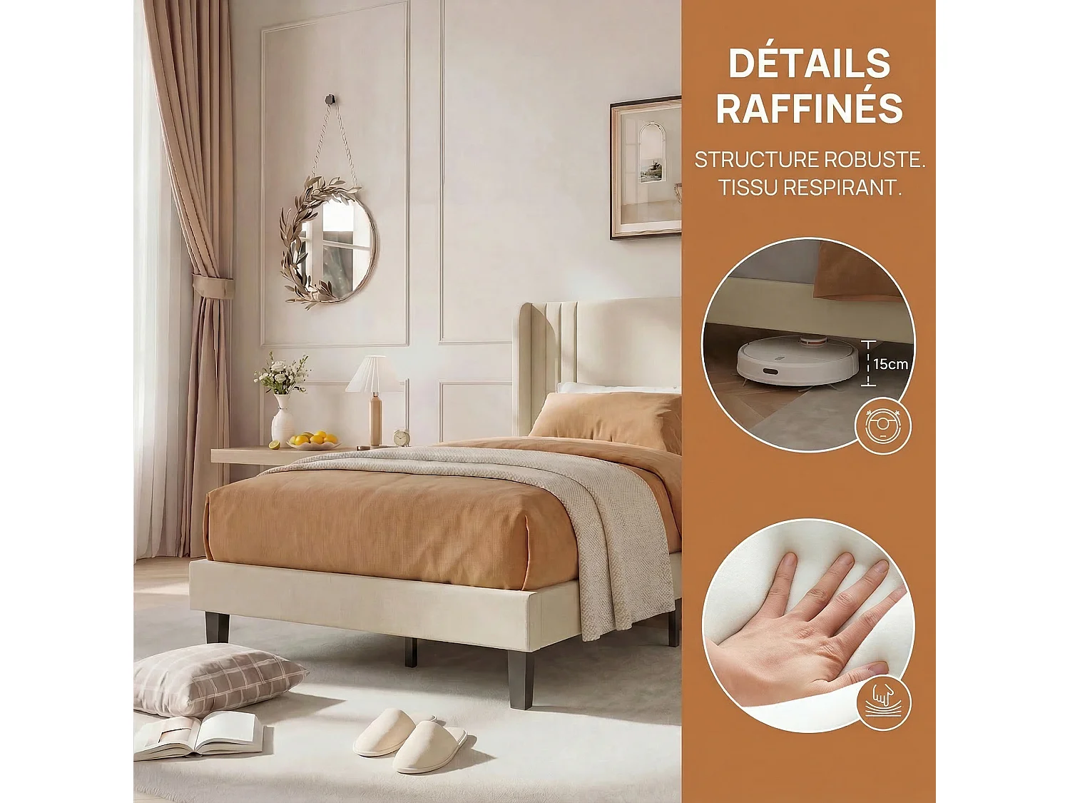 Cadre de Lit Simple 90x200 cm-avec Sommier à Lattes, Tissu en lin doux pour chambre/studio-Beige