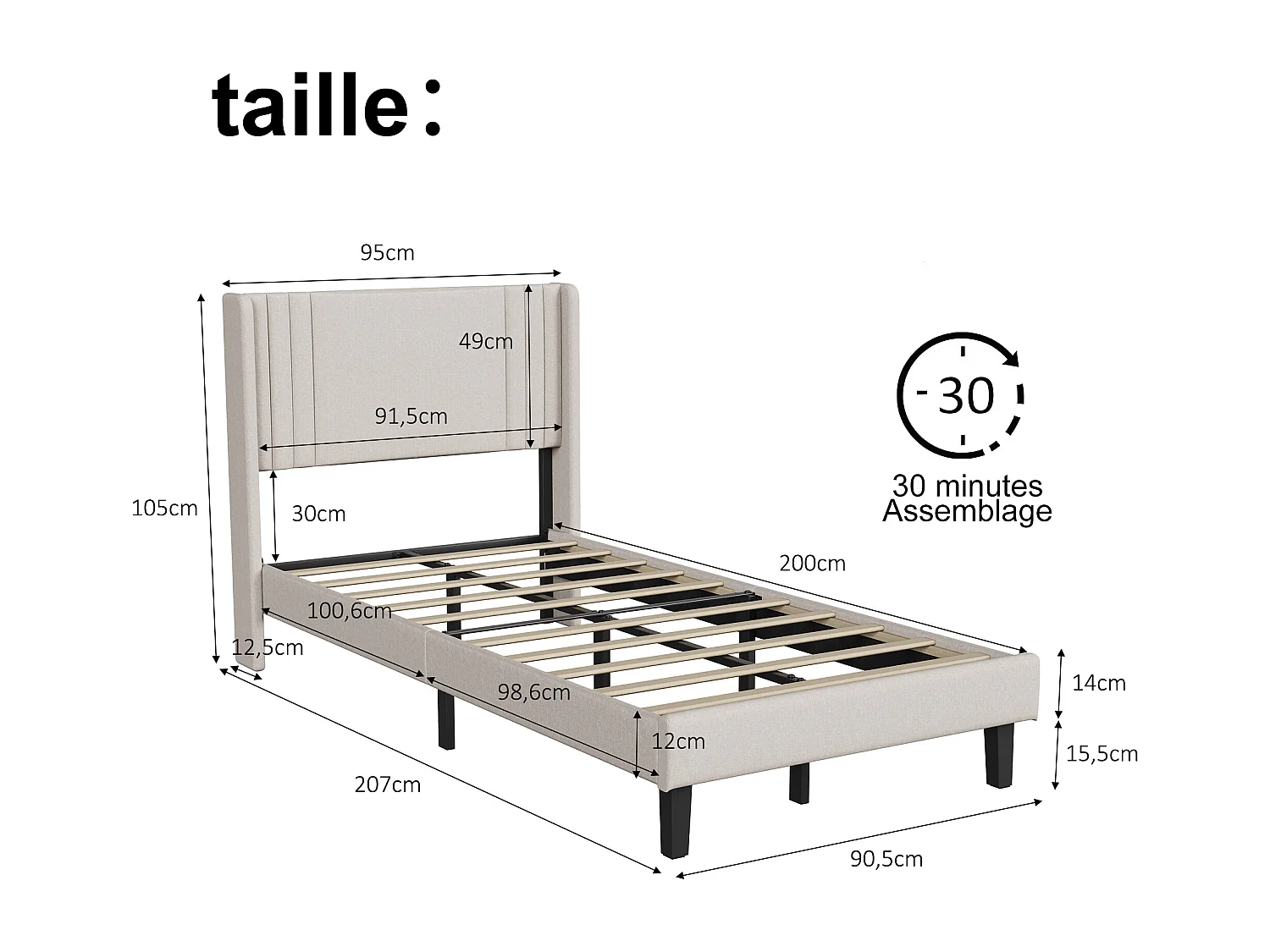 Cadre de Lit Simple 90x200 cm-avec Sommier à Lattes, Tissu en lin doux pour chambre/studio-Beige