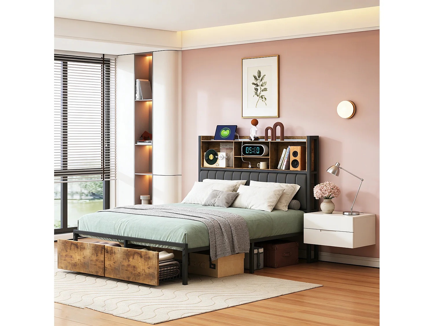 Lit Double 140x200 - POCKETPOP - avec LED et USB - 2 Tiroirs - Tete de Lits Rembourré avec Rangement - PU - Noir