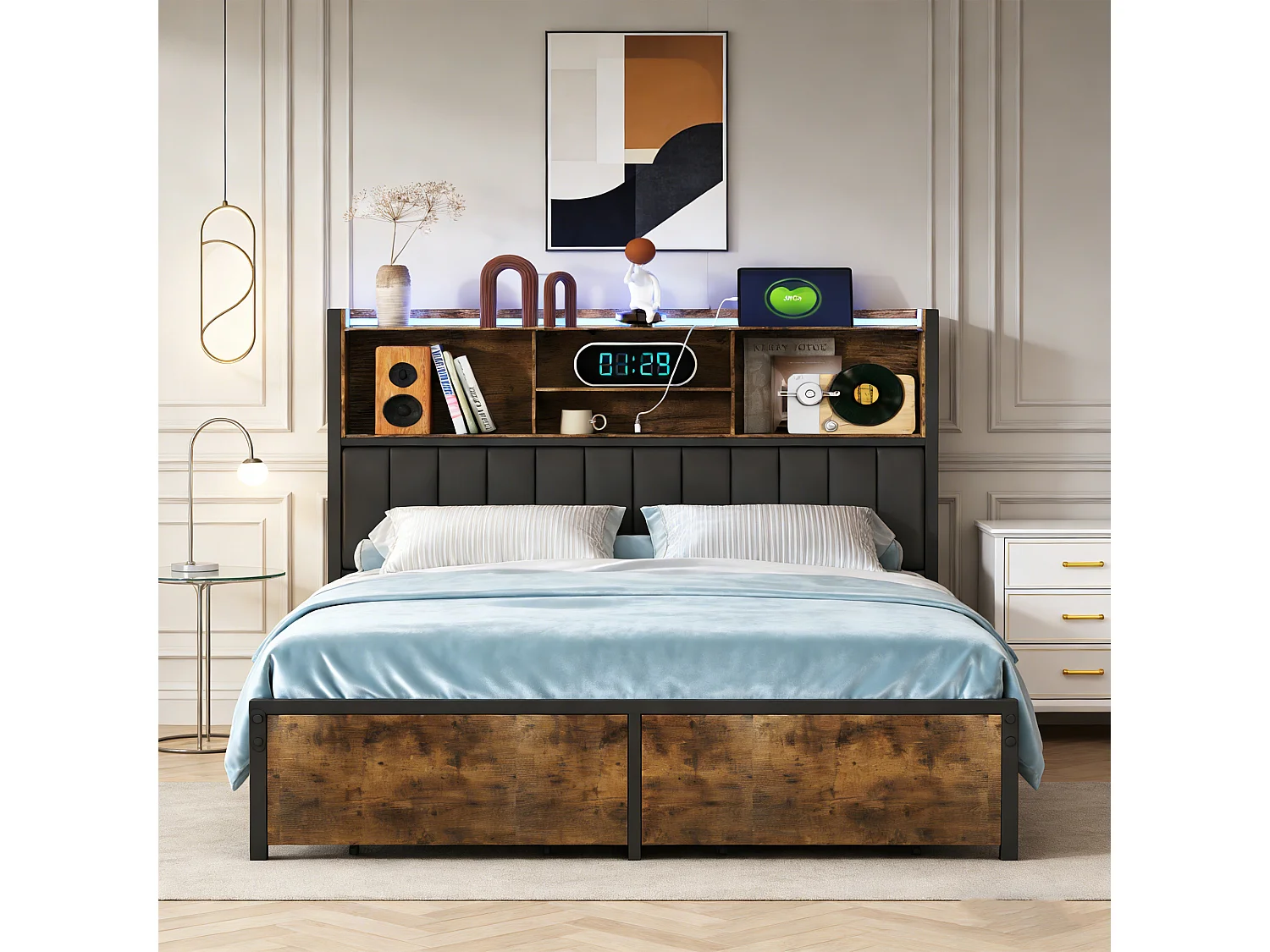 Lit Double 140x200 - POCKETPOP - avec LED et USB - 2 Tiroirs - Tete de Lits Rembourré avec Rangement - PU - Noir