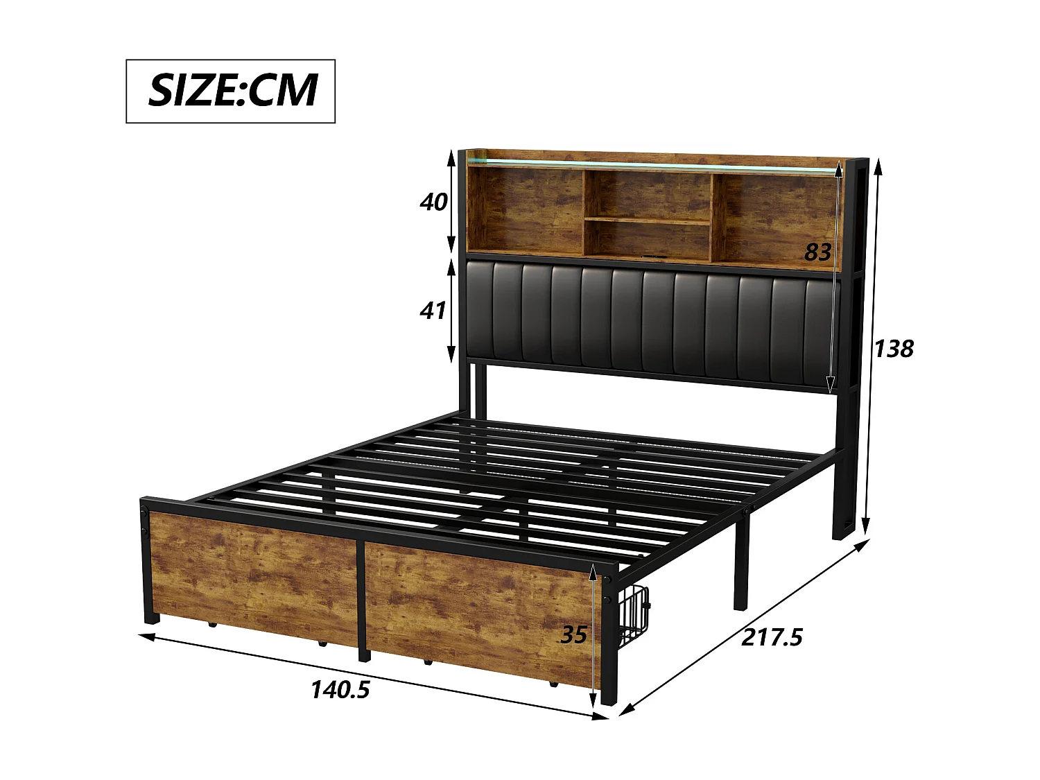 Lit Double 140x200 - POCKETPOP - avec LED et USB - 2 Tiroirs - Tete de Lits Rembourré avec Rangement - PU - Noir