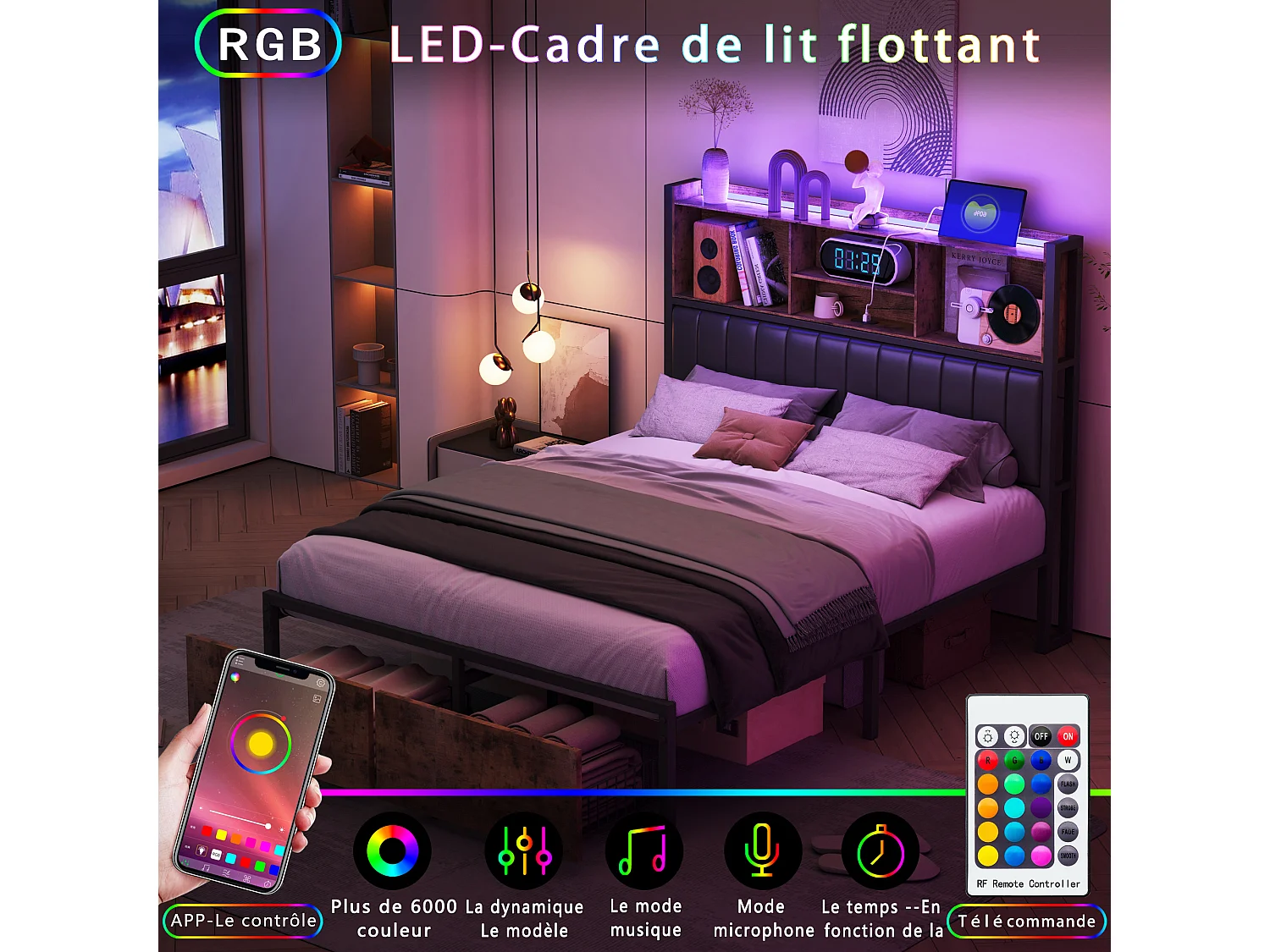 Lit Double 140x200 - POCKETPOP - avec LED et USB - 2 Tiroirs - Tete de Lits Rembourré avec Rangement - PU - Noir