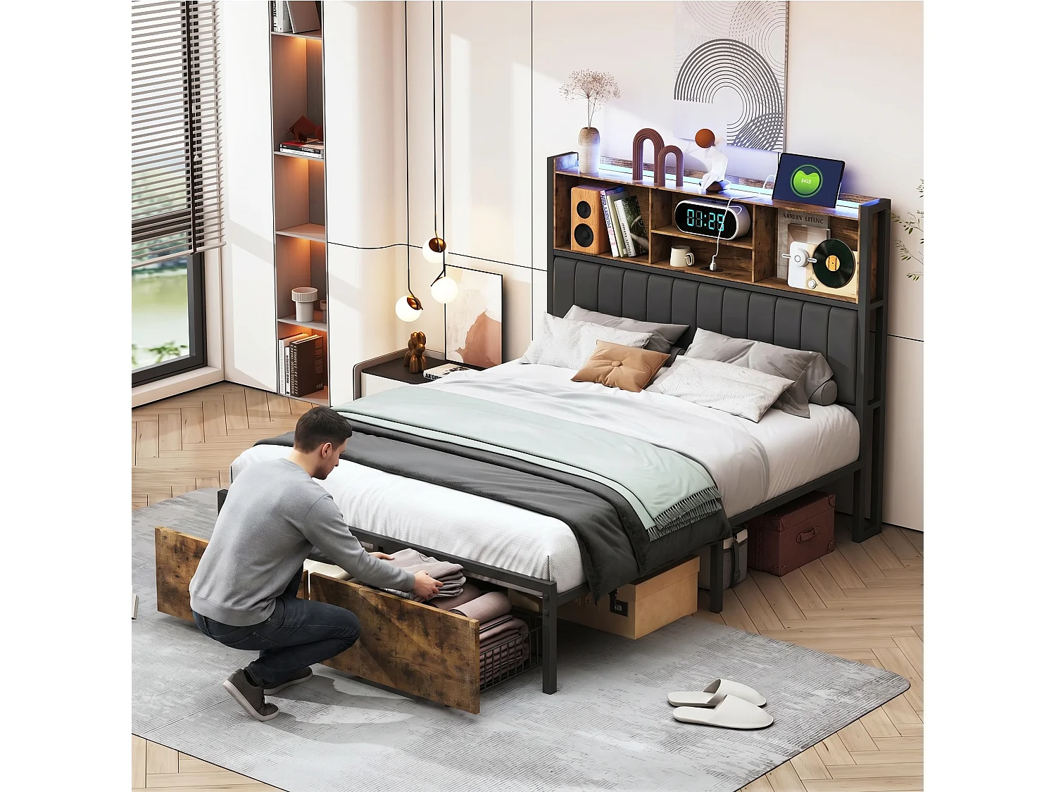 Tweepersoonsbed 140x200 - POCKETPOP - met LED en USB - 2 lades - Gestoffeerd hoofdbord met opbergruimte - PU - Zwart