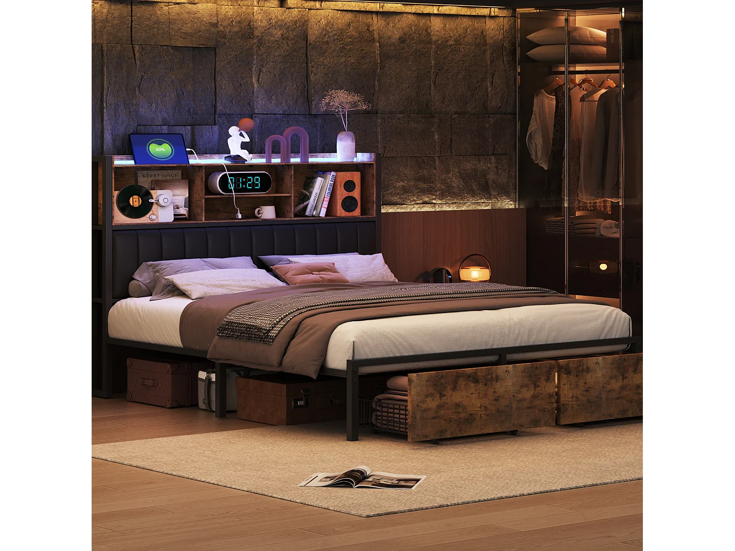 Tweepersoonsbed 140x200 - POCKETPOP - met LED en USB - 2 lades - Gestoffeerd hoofdbord met opbergruimte - PU - Zwart