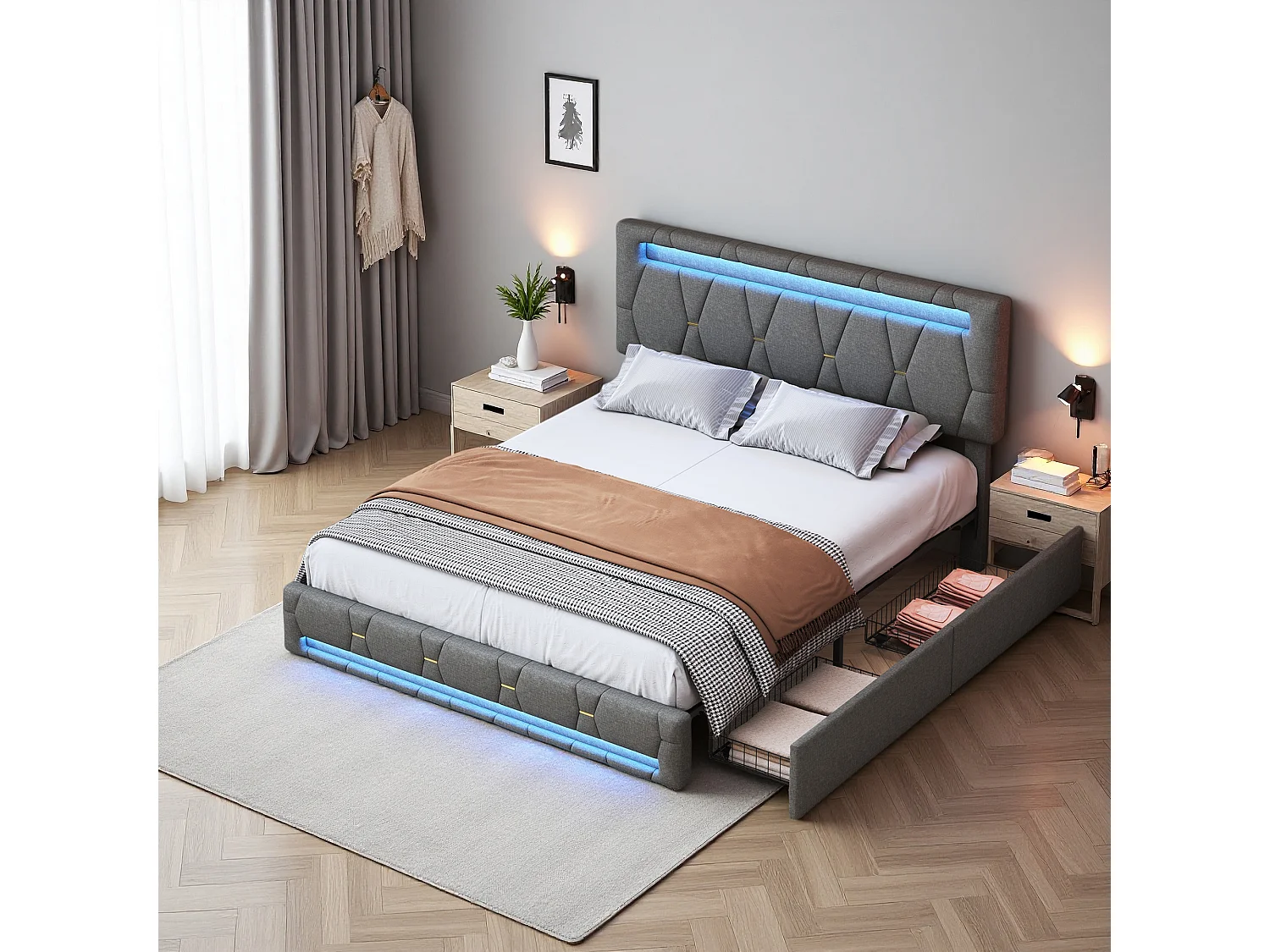 Lit 140x190 cm, NEXU, RGB LED, moderne, lit adulte, cadre de lit double 140x190 cm, lit 2 place, Lin, Gris