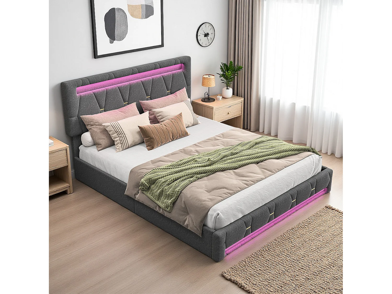 Lit 140x190 cm, NEXU, RGB LED, moderne, lit adulte, cadre de lit double 140x190 cm, lit 2 place, Lin, Gris
