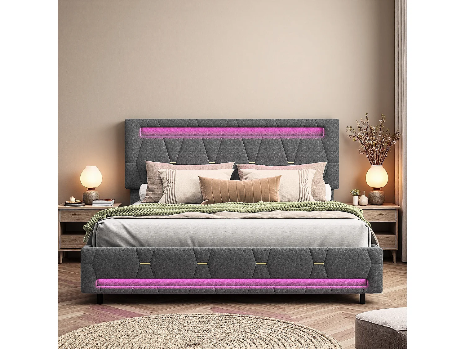 Lit 140x190 cm, NEXU, RGB LED, moderne, lit adulte, cadre de lit double 140x190 cm, lit 2 place, Lin, Gris