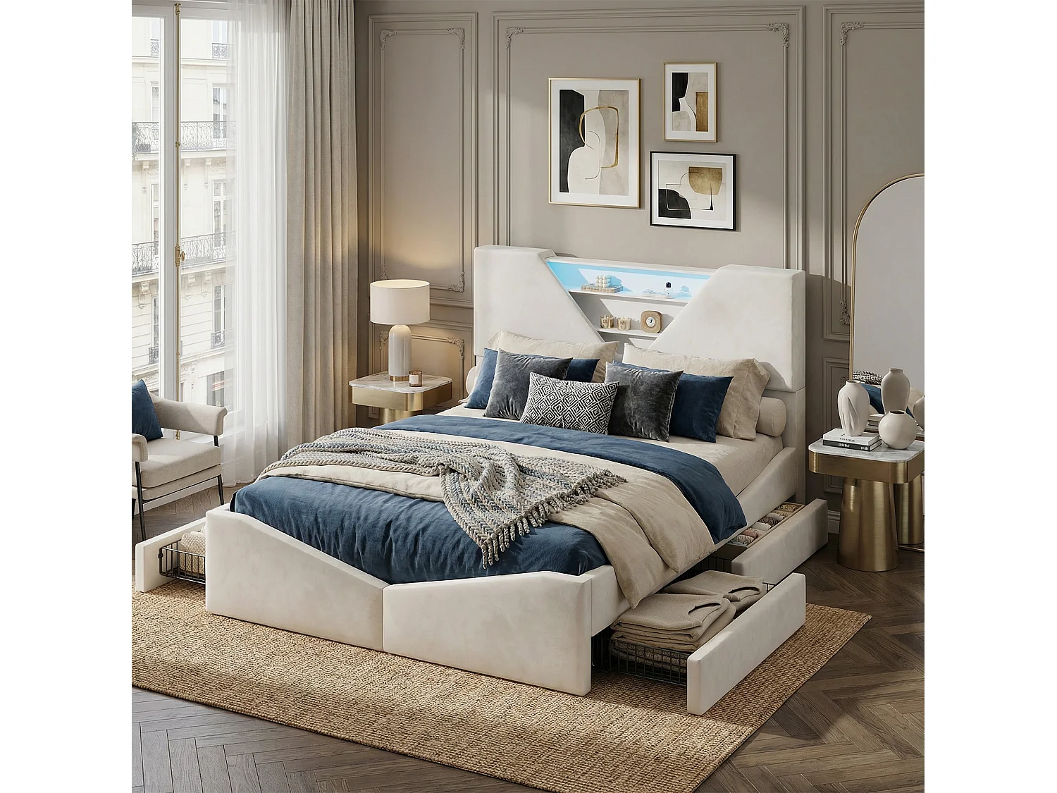 Lit 140x190 CM avec 4 Tiroirs - POCKETPOP - LED - Rechargeable - lit 2 place avec Rangement et sommier - Velours - Blanc cassé