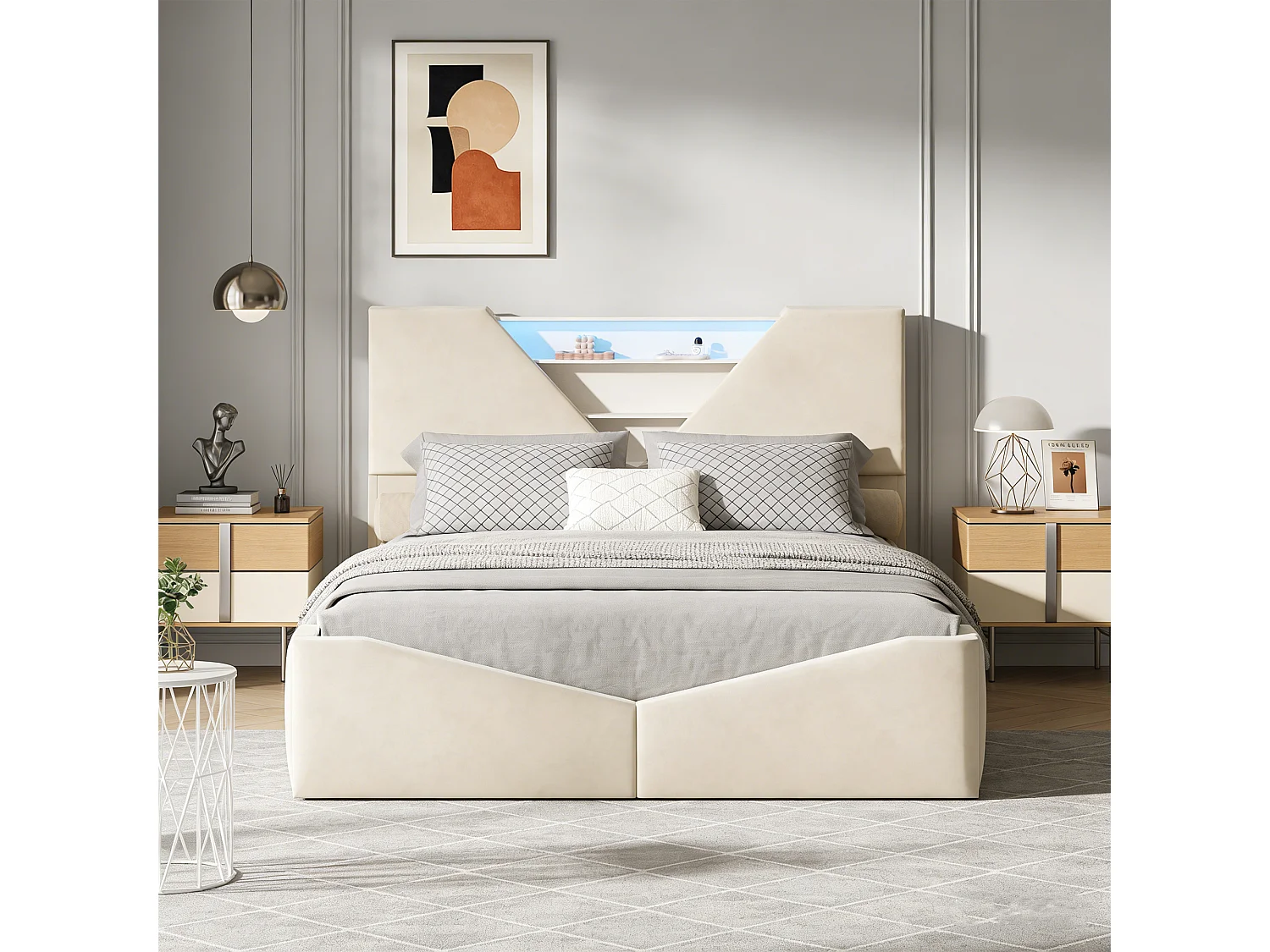 Lit 140x190 CM avec 4 Tiroirs - POCKETPOP - LED - Rechargeable - lit 2 place avec Rangement et sommier - Velours - Blanc cassé
