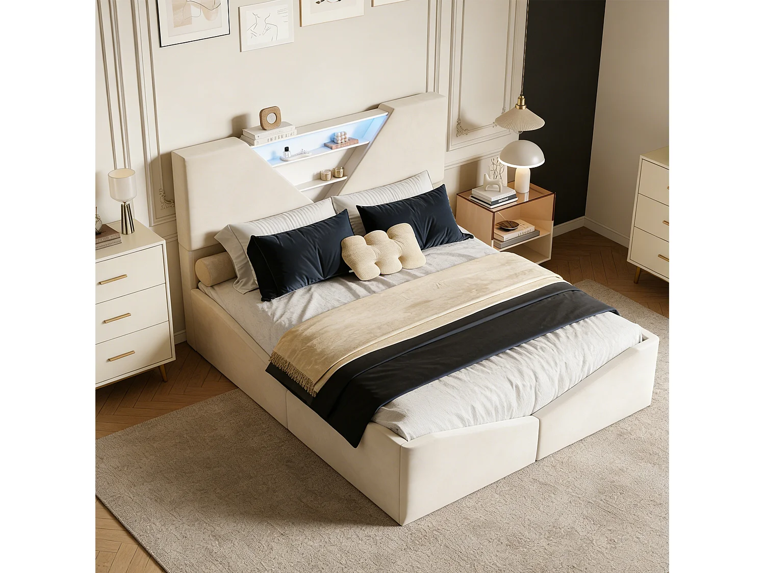 Lit 140x190 CM avec 4 Tiroirs - POCKETPOP - LED - Rechargeable - lit 2 place avec Rangement et sommier - Velours - Blanc cassé