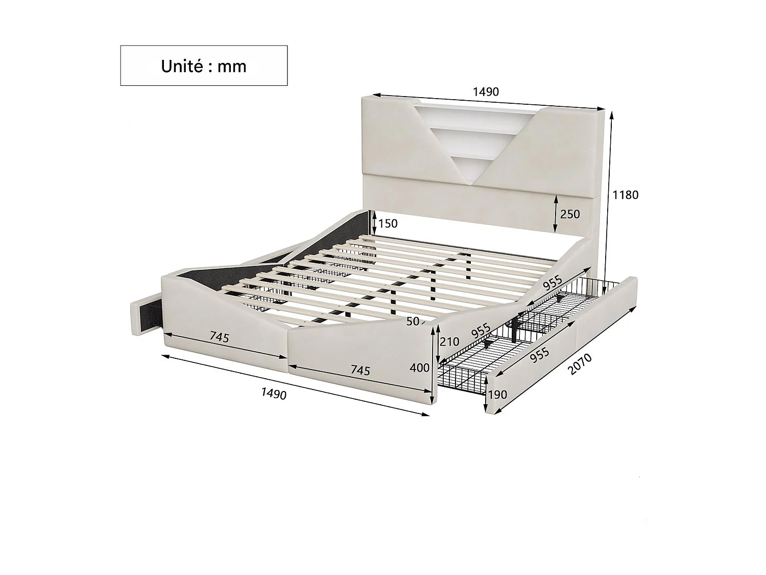 Lit 140x190 CM avec 4 Tiroirs - POCKETPOP - LED - Rechargeable - lit 2 place avec Rangement et sommier - Velours - Blanc cassé