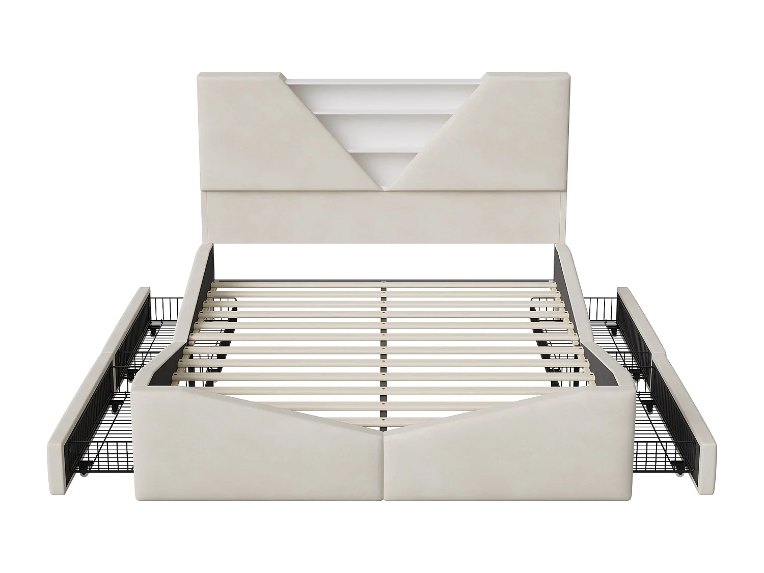 Lit 140x190 CM avec 4 Tiroirs - POCKETPOP - LED - Rechargeable - lit 2 place avec Rangement et sommier - Velours - Blanc cassé