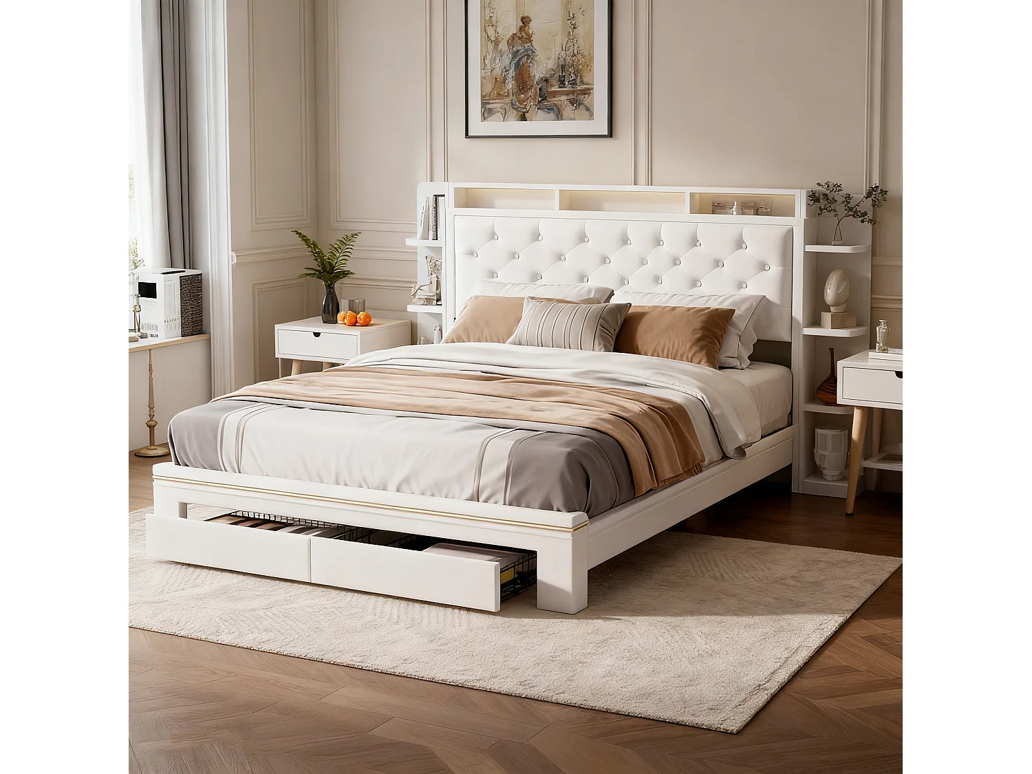 Cadre de lit 140x190 cm, LED, USB, avec Sommier à Lattes, lit double, Velours, Blanc