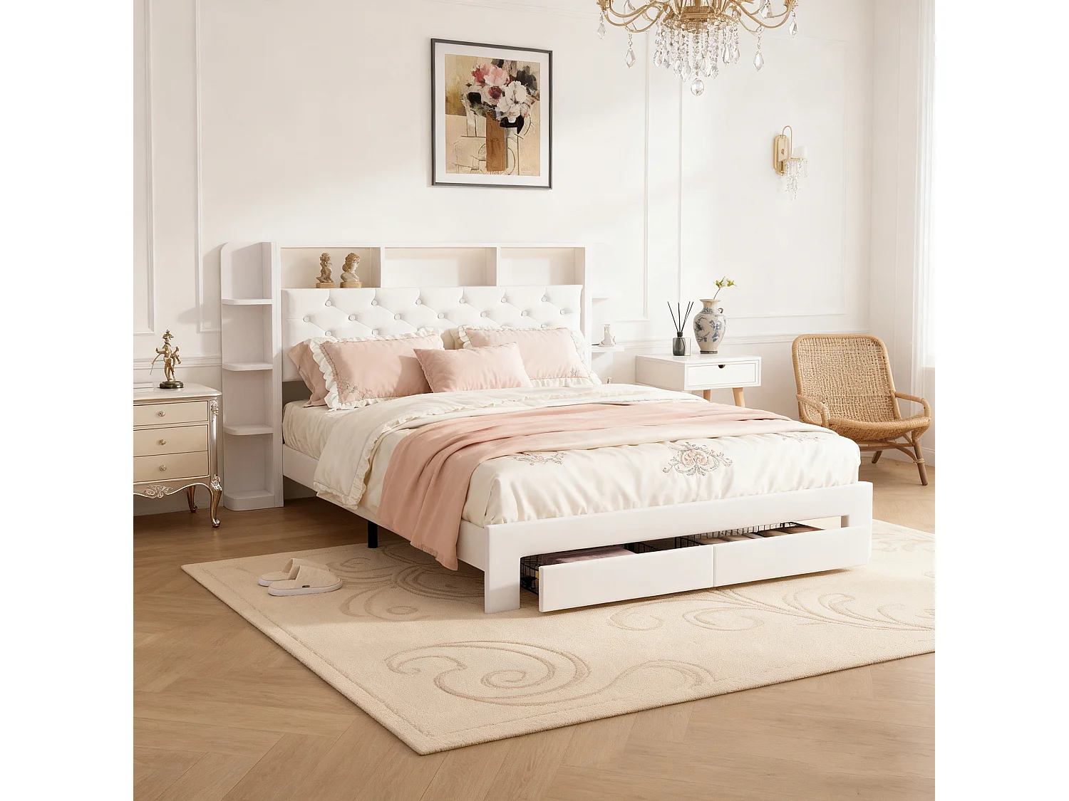 Cadre de lit 140x190 cm, LED, USB, avec Sommier à Lattes, lit double, Velours, Blanc