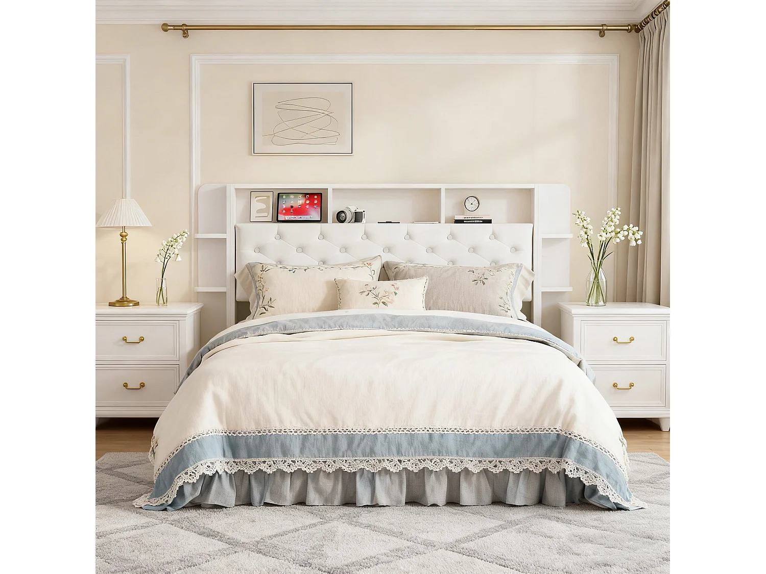 Cadre de lit 140x190 cm, LED, USB, avec Sommier à Lattes, lit double, Velours, Blanc