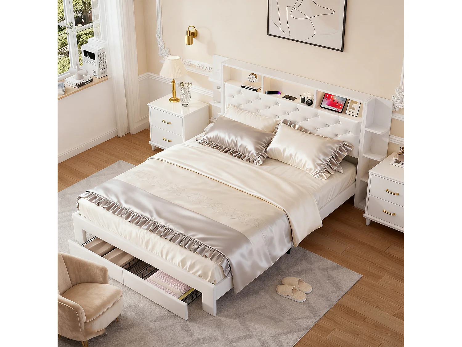 Cadre de lit 140x190 cm, LED, USB, avec Sommier à Lattes, lit double, Velours, Blanc