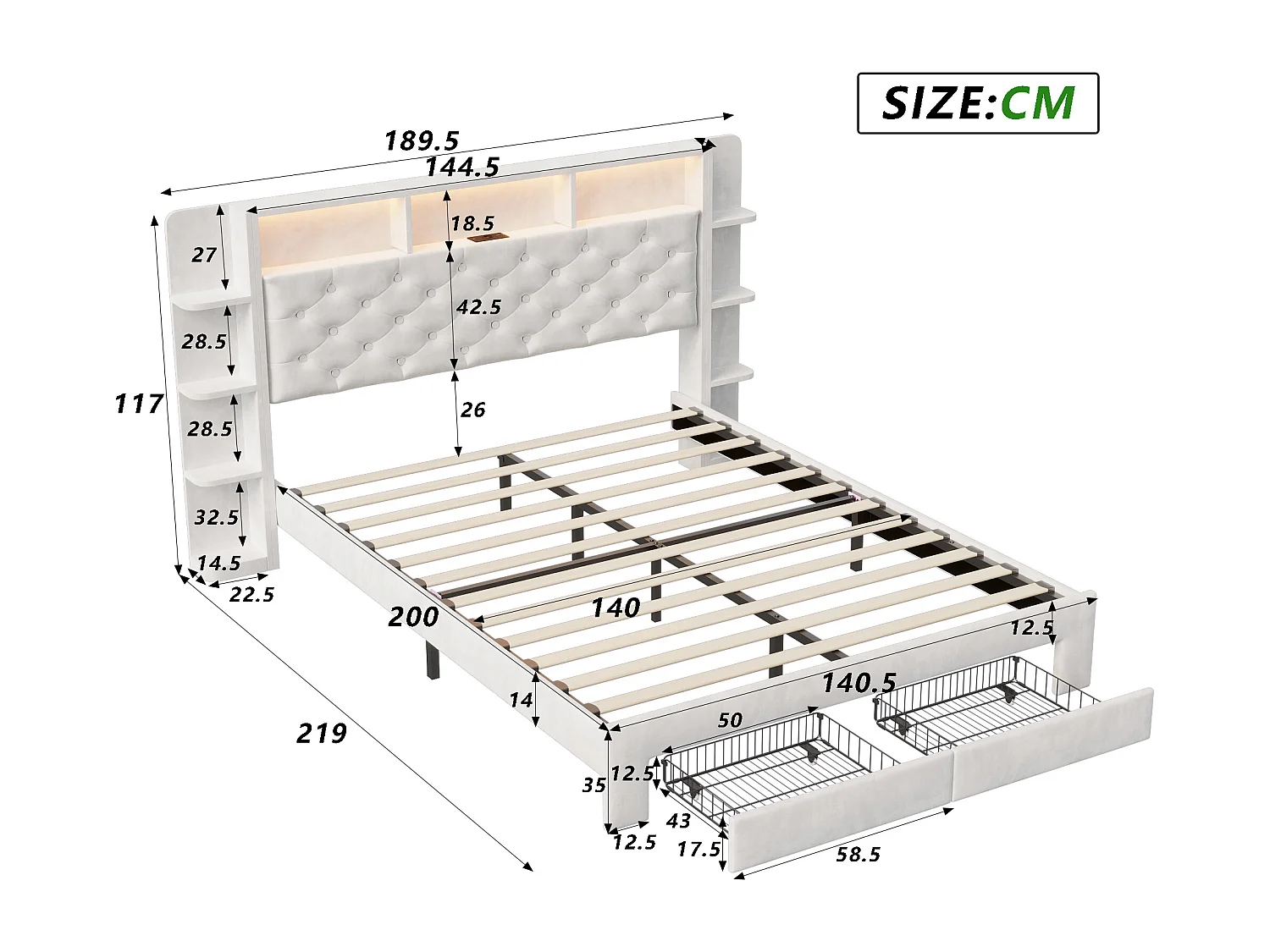 Cadre de lit 140x190 cm, LED, USB, avec Sommier à Lattes, lit double, Velours, Blanc