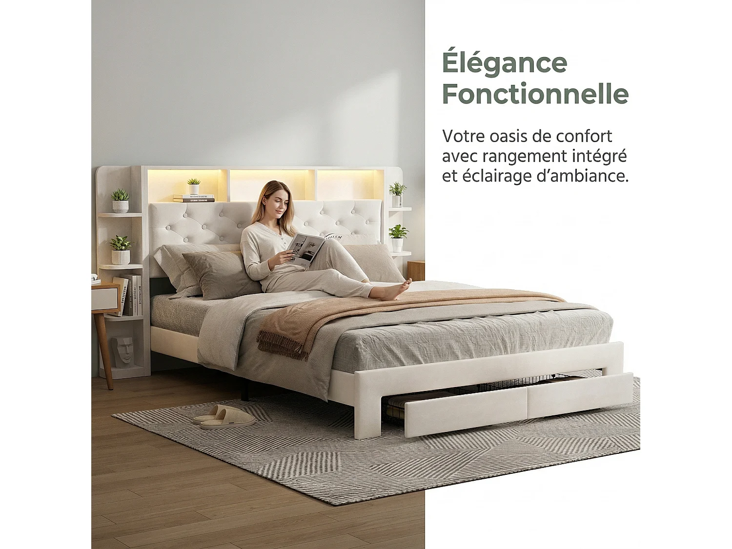 Bedframe 140x190 cm, LED, USB, met lattenbodem, Tweepersoonsbed, Fluweel, Wit